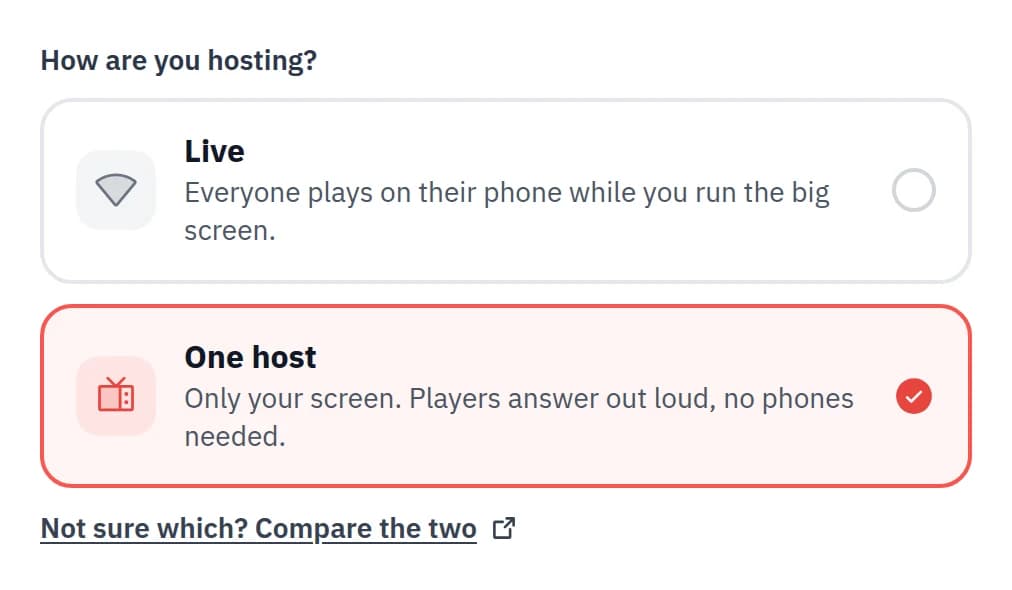 The Neegma create session screen asking how you are hosting, with the One host option selected over Live