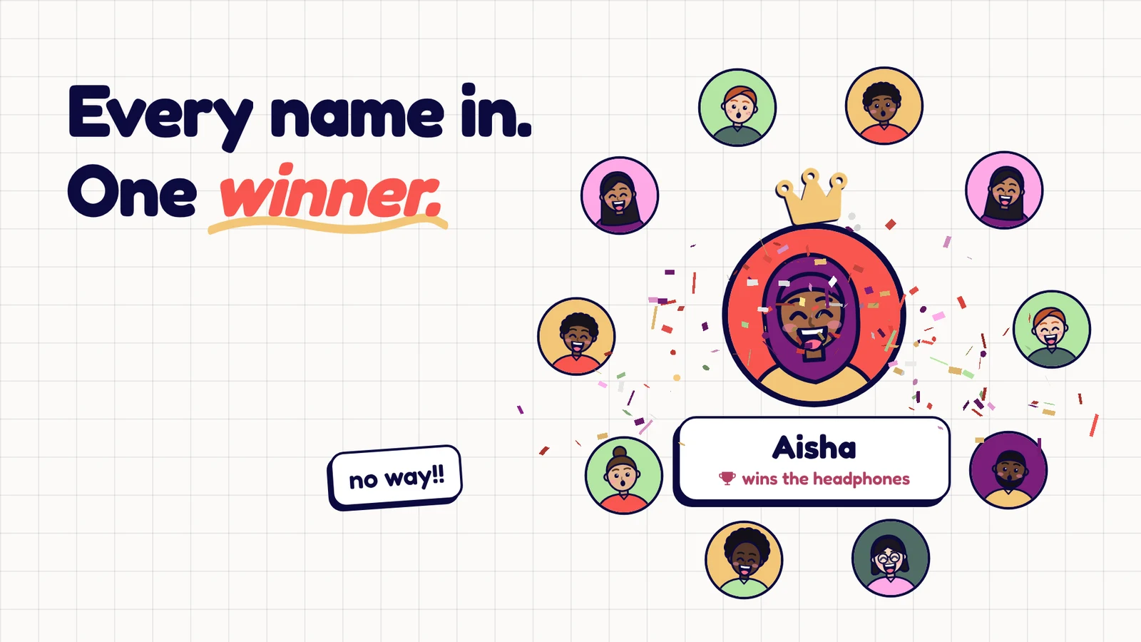 Illustration of a ring of guests around the winner of a live prize draw, Aisha, who wins the headphones, with confetti