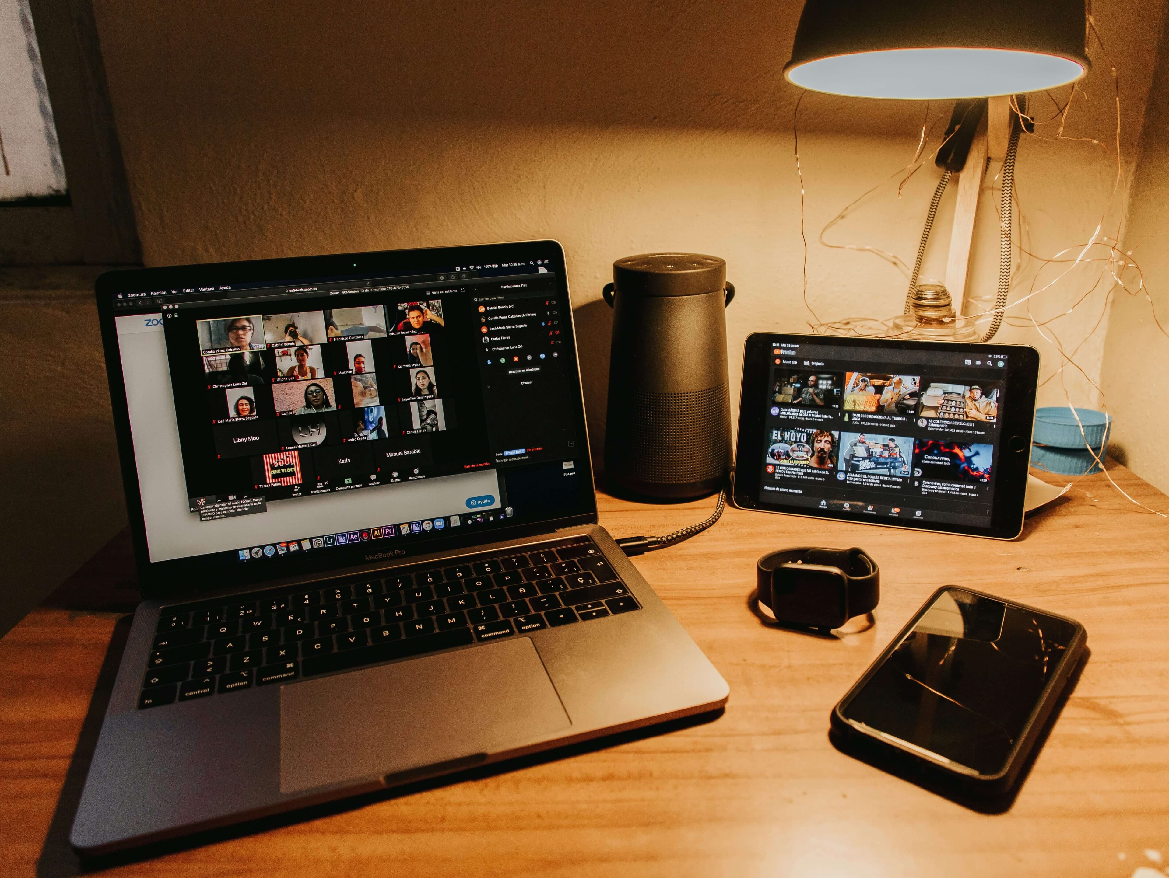 A laptop set up on a table for a video call